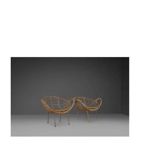 Image 1 of 2x Midcentury Moderne Rotan en Metalen Fauteuils