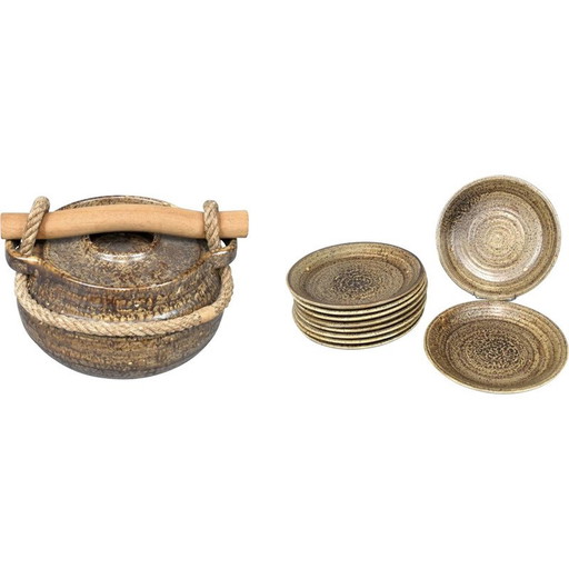 Set vintage terrine en 10 keramische dinerborden voor Potier de l'Abbaye, jaren 1960