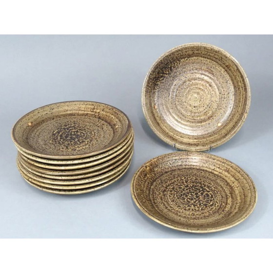 Image 1 of Set vintage terrine en 10 keramische dinerborden voor Potier de l'Abbaye, jaren 1960