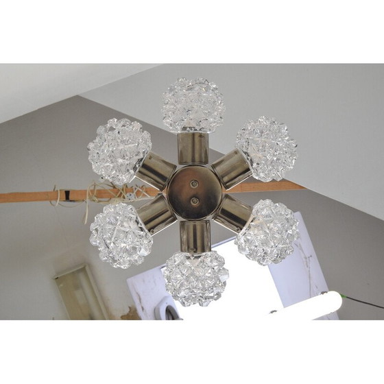 Image 1 of Paar vintage kroonluchters van glas, metaal en staal voor Kamenicky Senov, Tsjecho-Slowakije 1970