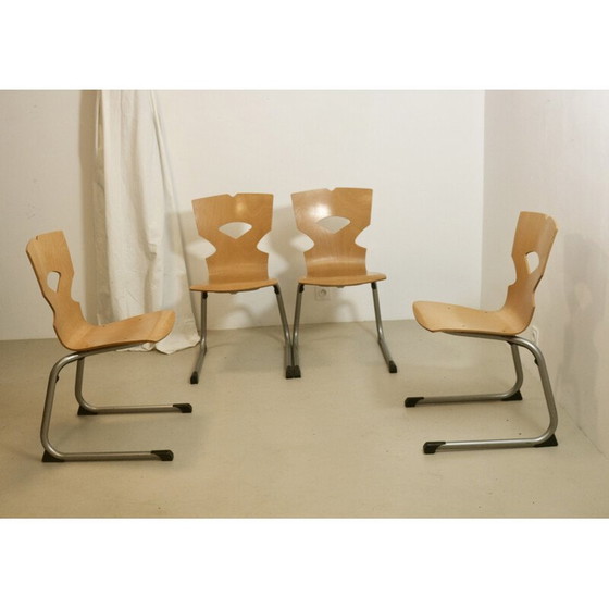 Image 1 of Set van 4 vintage kantinestoelen van hout en aluminium, 1990