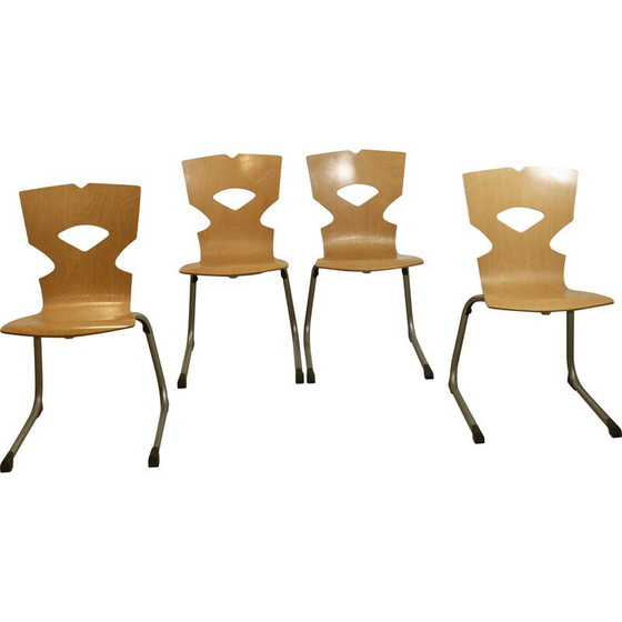 Image 1 of Set van 4 vintage kantinestoelen van hout en aluminium, 1990