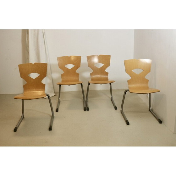 Image 1 of Set van 4 vintage kantinestoelen van hout en aluminium, 1990