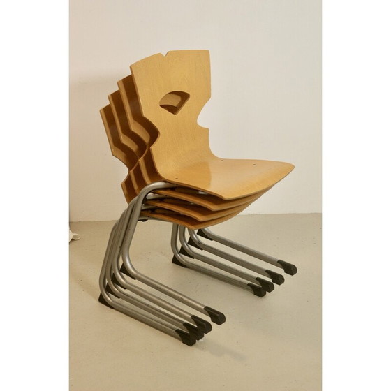 Image 1 of Set van 4 vintage kantinestoelen van hout en aluminium, 1990