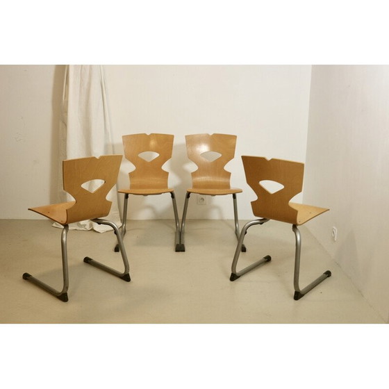 Image 1 of Set van 4 vintage kantinestoelen van hout en aluminium, 1990