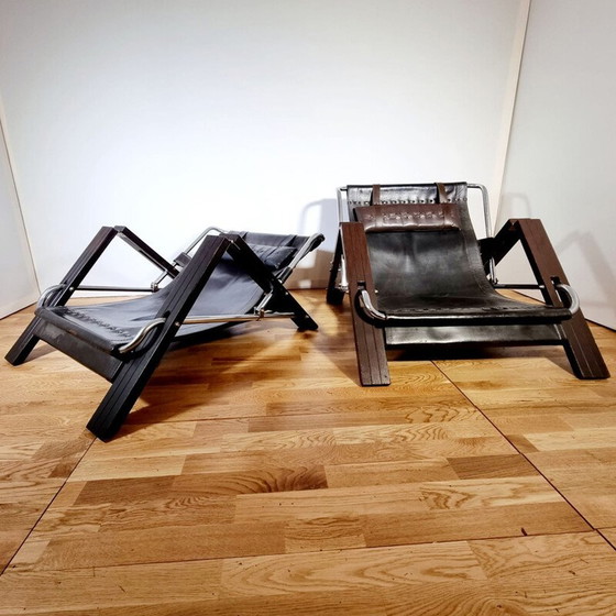 Image 1 of Paar vintage houten en leren fauteuils van Sonja Wasseur voor Wasseur Studio, Nederland 1960