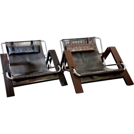 Paar vintage houten en leren fauteuils van Sonja Wasseur voor Wasseur Studio, Nederland 1960