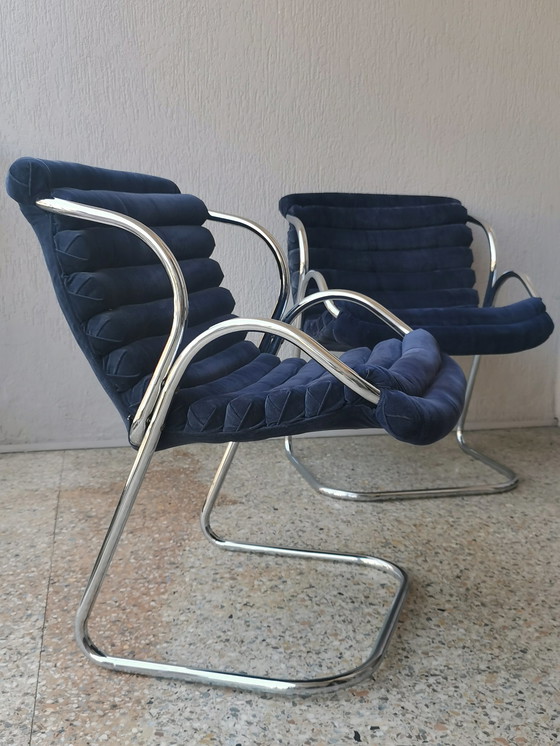 Image 1 of 2x Canitlever fauteuil in blauw fluweel