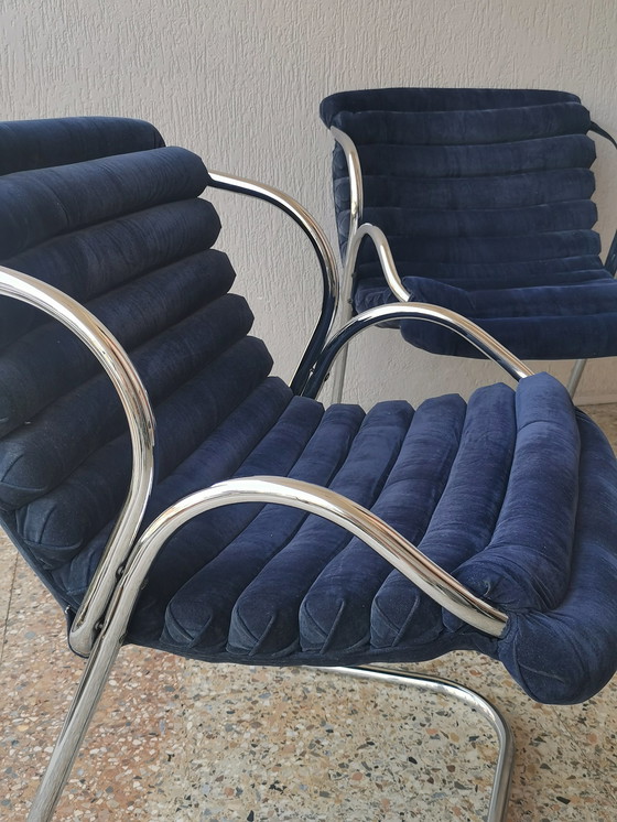 Image 1 of 2x Canitlever fauteuil in blauw fluweel