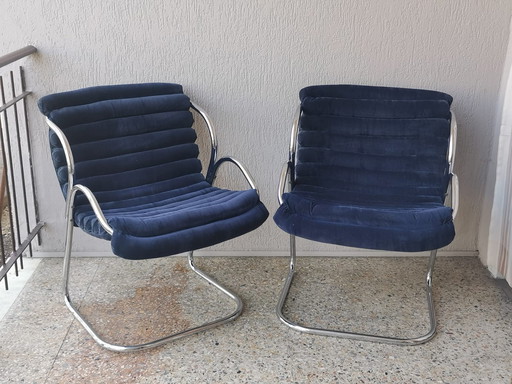 2x Canitlever fauteuil in blauw fluweel