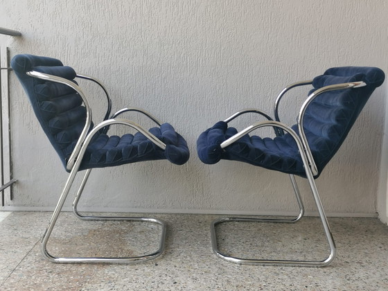 Image 1 of 2x Canitlever fauteuil in blauw fluweel