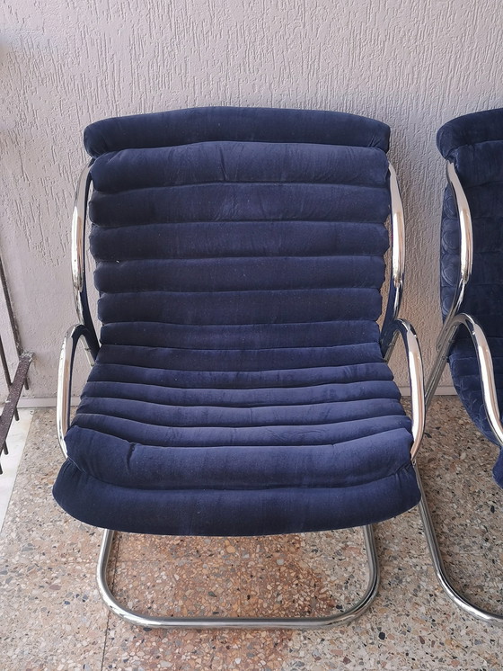 Image 1 of 2x Canitlever fauteuil in blauw fluweel