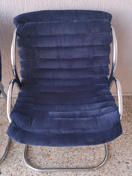 Image 1 of 2x Canitlever fauteuil in blauw fluweel