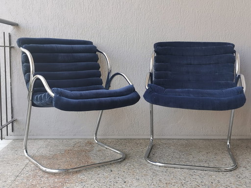 2x Canitlever fauteuil in blauw fluweel