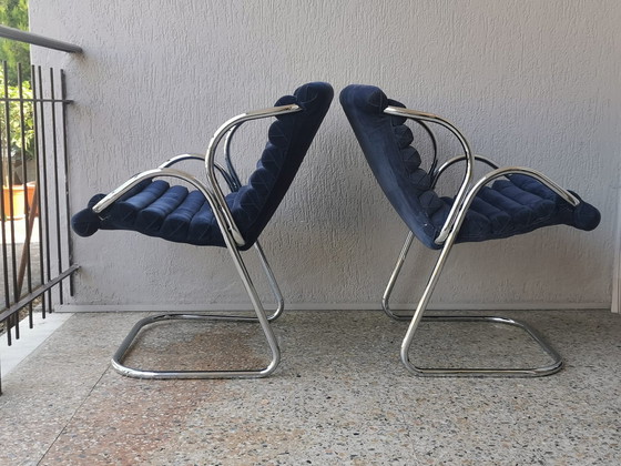 Image 1 of 2x Canitlever fauteuil in blauw fluweel