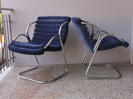 Image 1 of 2x Canitlever fauteuil in blauw fluweel