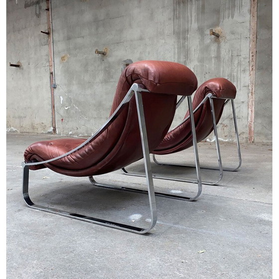 Image 1 of Paar vintage roestvrijstalen en met leer beklede fauteuils van Roche&Bobois, 1970