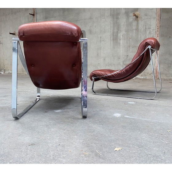 Image 1 of Paar vintage roestvrijstalen en met leer beklede fauteuils van Roche&Bobois, 1970