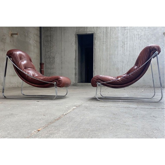 Image 1 of Paar vintage roestvrijstalen en met leer beklede fauteuils van Roche&Bobois, 1970
