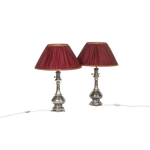 Paar vintage lampen van metaal en verzilverd brons, Frankrijk 1880