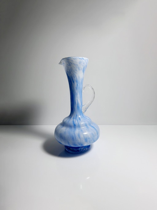 Italiaanse handvat bloemenvaas 1970 Murano 70s blauw wit glas gemarmerd Carlo Moretti