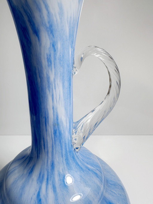 Italiaanse handvat bloemenvaas 1970 Murano 70s blauw wit glas gemarmerd Carlo Moretti