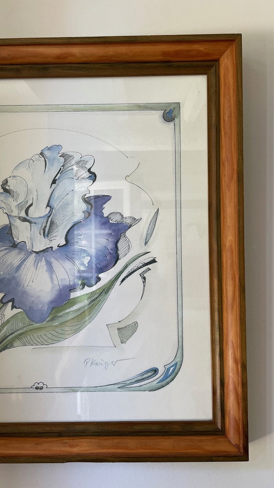 Image 1 of Irisbloem op oud houten inlijstpapier