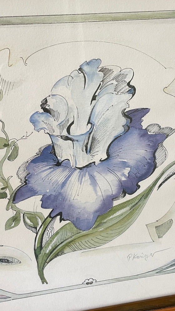 Image 1 of Irisbloem op oud houten inlijstpapier