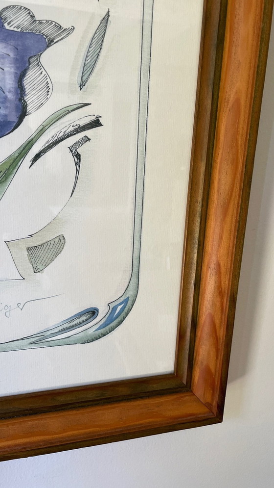 Image 1 of Irisbloem op oud houten inlijstpapier