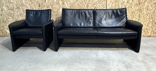 Vintage Leolux By Antipode Zwart Leren Bank Met Fauteuil