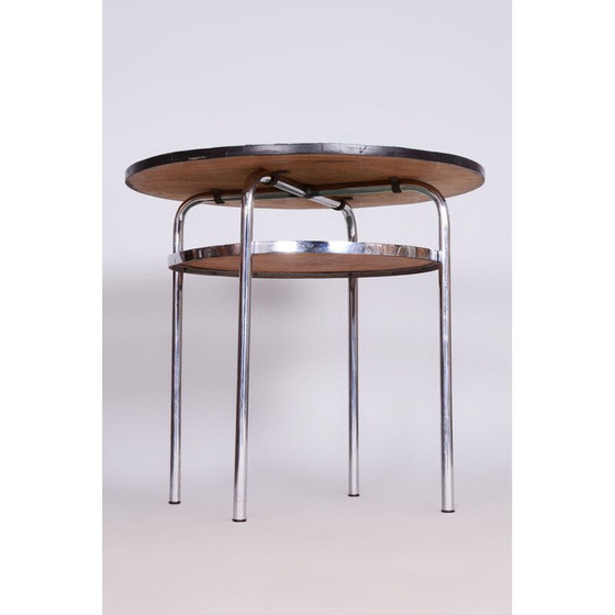 Image 1 of Vintage Bauhaus ronde tafel in verchroomd staal en gelakt hout, Tsjecho-Slowakije 1930