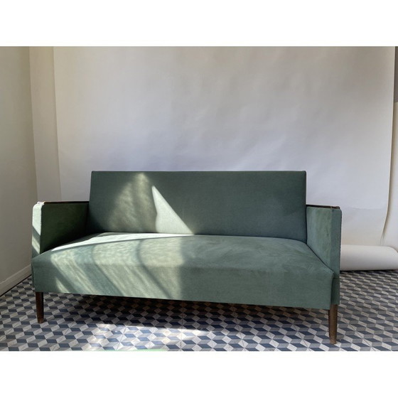 Image 1 of Vintage 3-zitsbank van hout en stof, Denemarken 1960