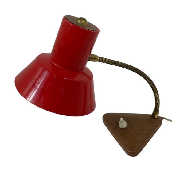 Image 1 of Rood bureaulamp - Kunsthouten basis en accent - Messing zwanenhals