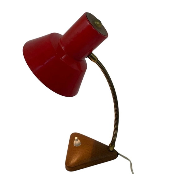 Image 1 of Rood bureaulamp - Kunsthouten basis en accent - Messing zwanenhals