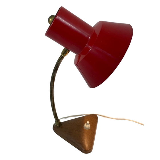 Image 1 of Rood bureaulamp - Kunsthouten basis en accent - Messing zwanenhals