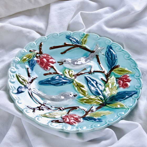 Image 1 of Duo Borden Zesde Eeuw Turquoise Barbotine Decor Vogels