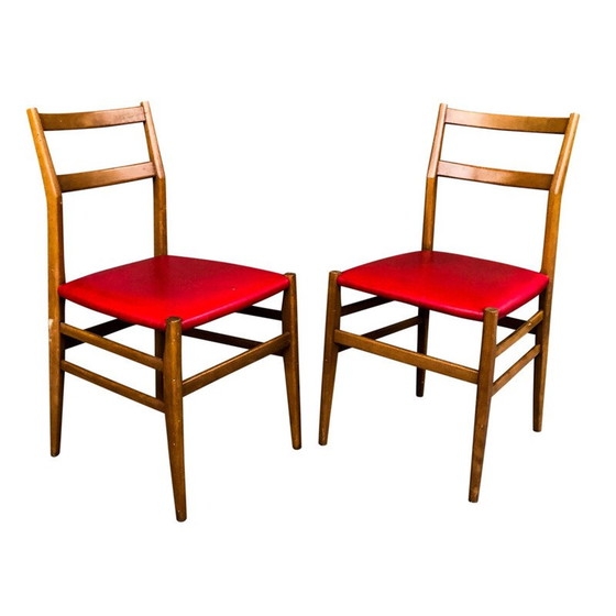 Image 1 of Set van 6 vintage stoelen in essen en rood kunstleer "leggera" van Gio Ponti voor Cassina, 1950