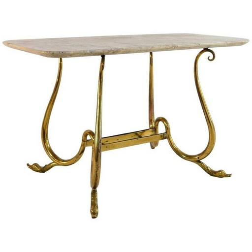 Elegante vintage cocktailtafel met zwanenpoten en neutraal beige marmer, Italië 1950
