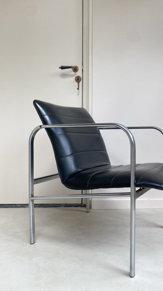 Image 1 of Vintage Chromen Fauteuil Met Zwart Leren Zitting