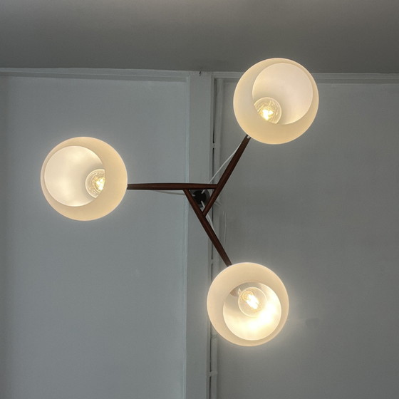 Image 1 of Midcentury hanglamp van opaline glas en teak, 3 - armig