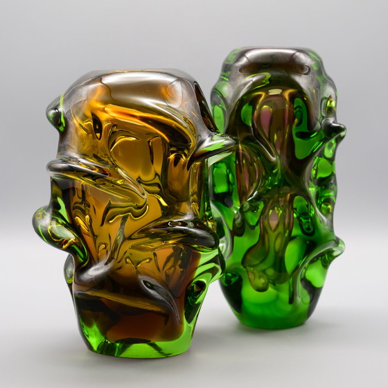 Image 1 of Sommerso Propeller Glazen Vaas Ontwerp Jan Kotik 20cm Retro jaren 50 Uranium Amber