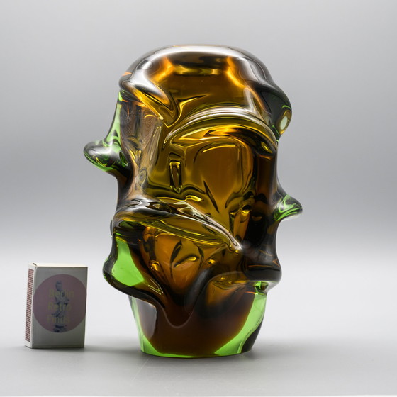 Image 1 of Sommerso Propeller Glazen Vaas Ontwerp Jan Kotik 20cm Retro jaren 50 Uranium Amber