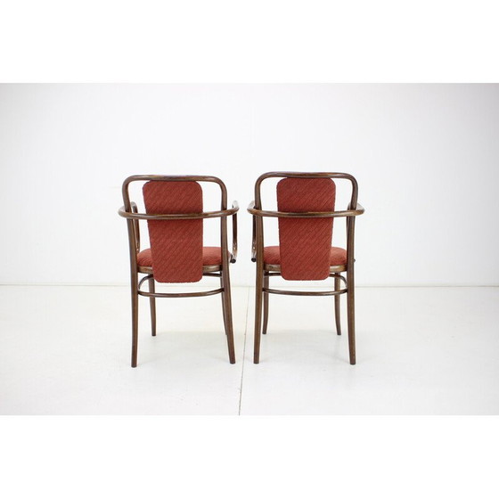 Image 1 of Paar vintage houten en stoffen stoelen van Ton, Tsjecho-Slowakije 1989