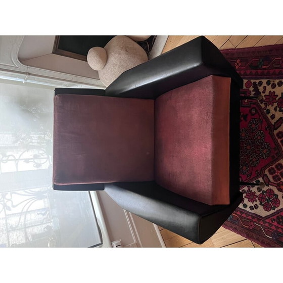 Image 1 of Vintage fauteuil in zwart kunstleer en roze fluweel, jaren 1950