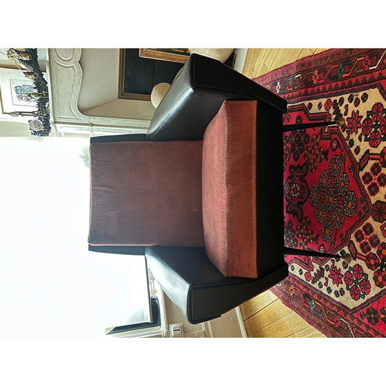 Image 1 of Vintage fauteuil in zwart kunstleer en roze fluweel, jaren 1950