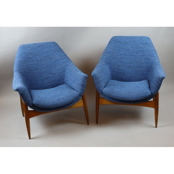 Image 1 of Paar vintage fauteuils in blauwe stof van Julia Gaubek, Hongarije 1950