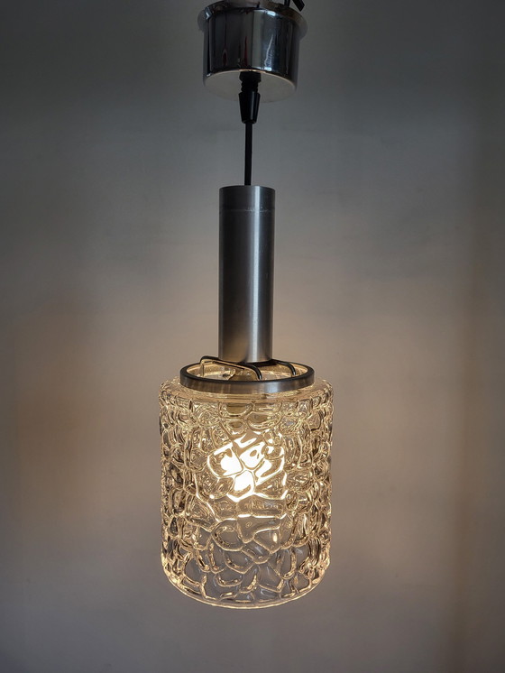 Image 1 of Vintage Ufo Hanglamp Mat Zwart, Glazen Kapje, Chrome Afwerking, Jaren 50