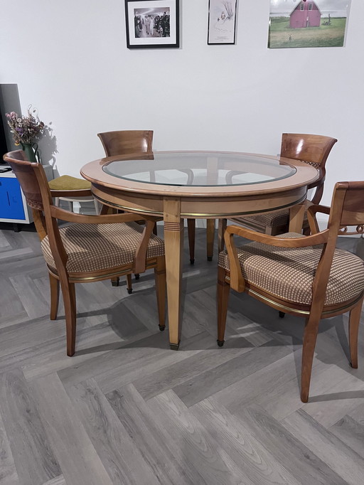 Vintage ronde tafel van hout en glas met 4 stoelen