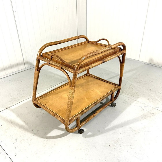 Image 1 of Rotan Trolley Met Dienblad 1950'S
