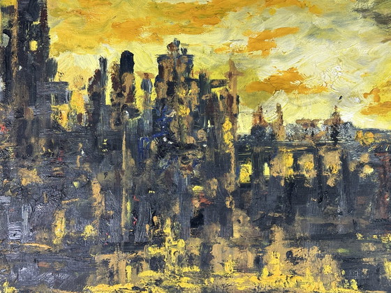 Image 1 of Schilderij/Olie op Canvas "Zonsondergang boven Parijs" Hipolito Jimenez 95X63Cm